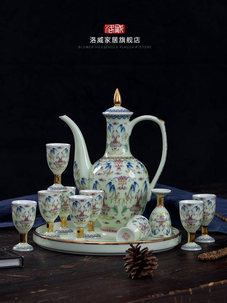 Jingdezhen colored enamel wine suit household ceramics hip wine liquor cup tray was antique Chinese court points