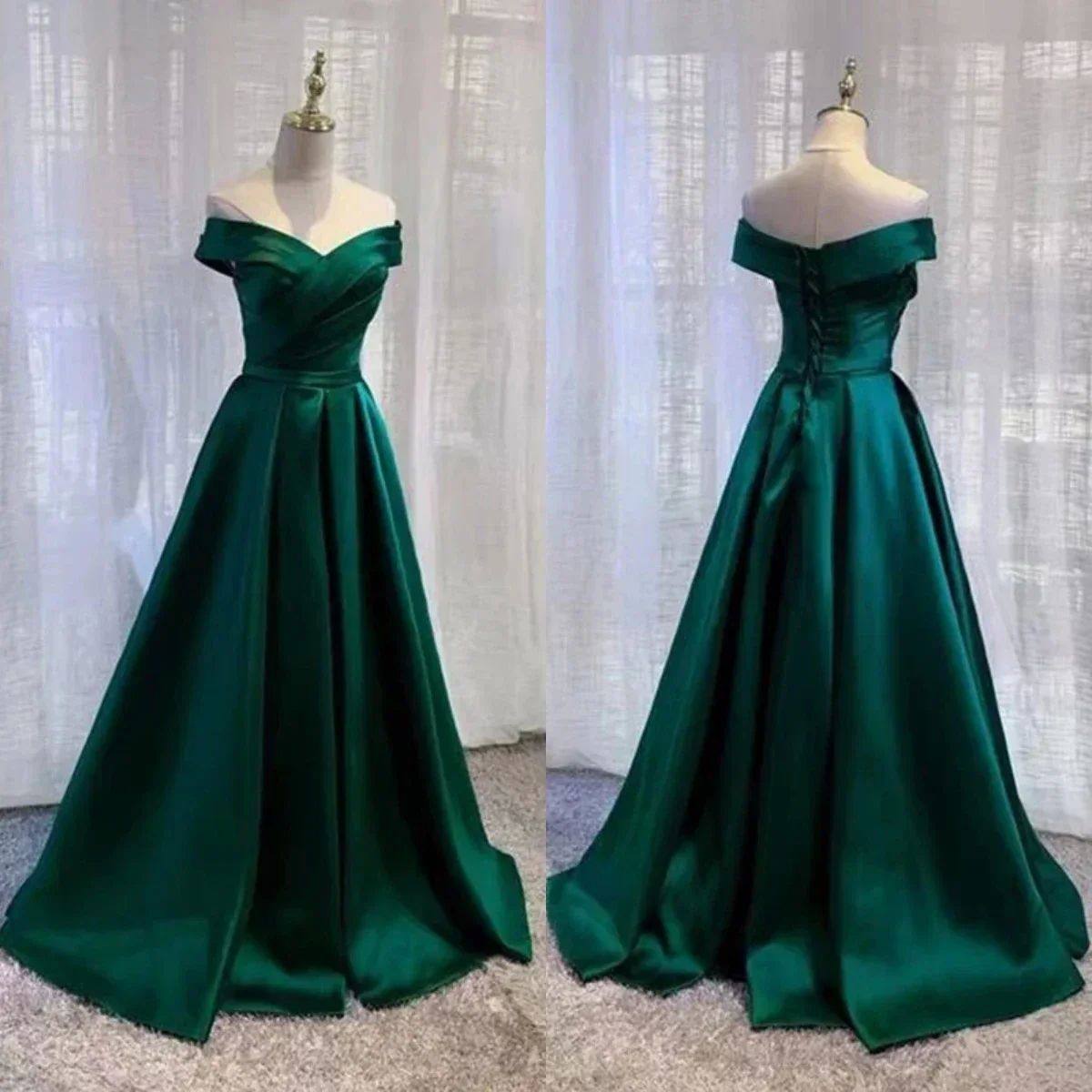 Evening Dress Simple Dark Green Off the Shoulder Pleat Lace
