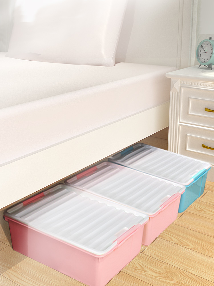 Купить Бокс для хранения вещей 百家好世带盖带滑轮床底收纳箱塑料加厚扁平式玩具衣物零食整理箱 в ...