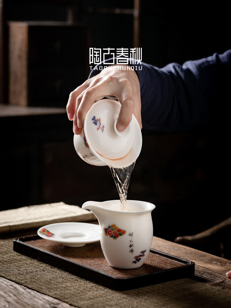 Xiangyun delight in dehua white porcelain tureen single three to ceramic bowl kung fu tea tea worship bowl tea cup