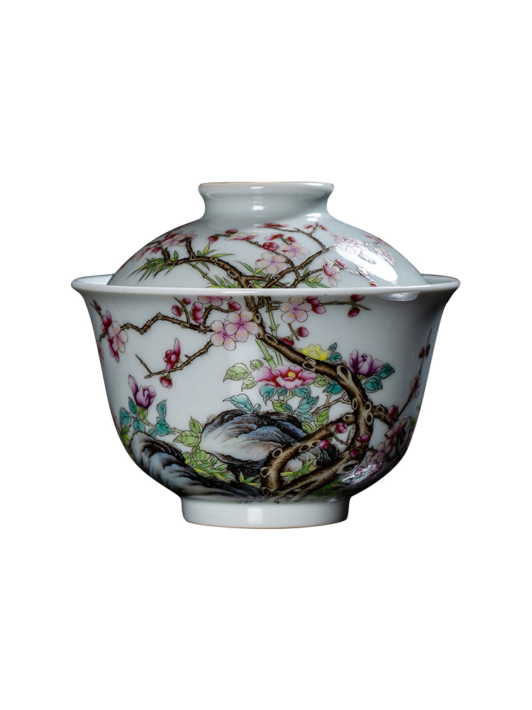 Clock home jingdezhen up tureen tea cup set manual tea colored enamel high - end prosperous flower is a tureen two cup