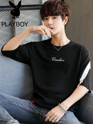 Playboy nam áo thun ngắn tay xu hướng mùa hè đầm lỏng sọc nửa tay mùa hè đáy quần áo nam - Áo phông ngắn áo thun nam cổ tròn Áo phông ngắn