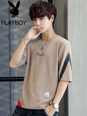 Playboy nam áo thun ngắn tay xu hướng mùa hè đầm lỏng sọc nửa tay mùa hè đáy quần áo nam - Áo phông ngắn áo thun nam cổ tròn Áo phông ngắn