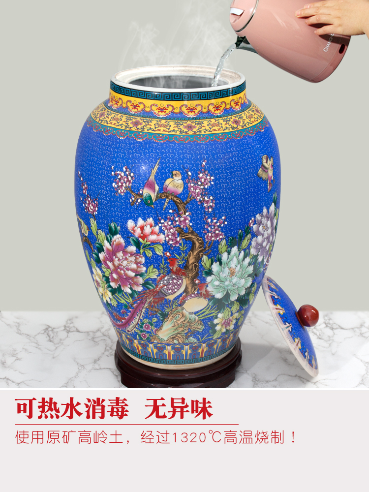 Jingdezhen ceramic with cover barrel ricer box 20 jins 30 jins 50 kg pack household moistureproof cylinder tank rice storage tank