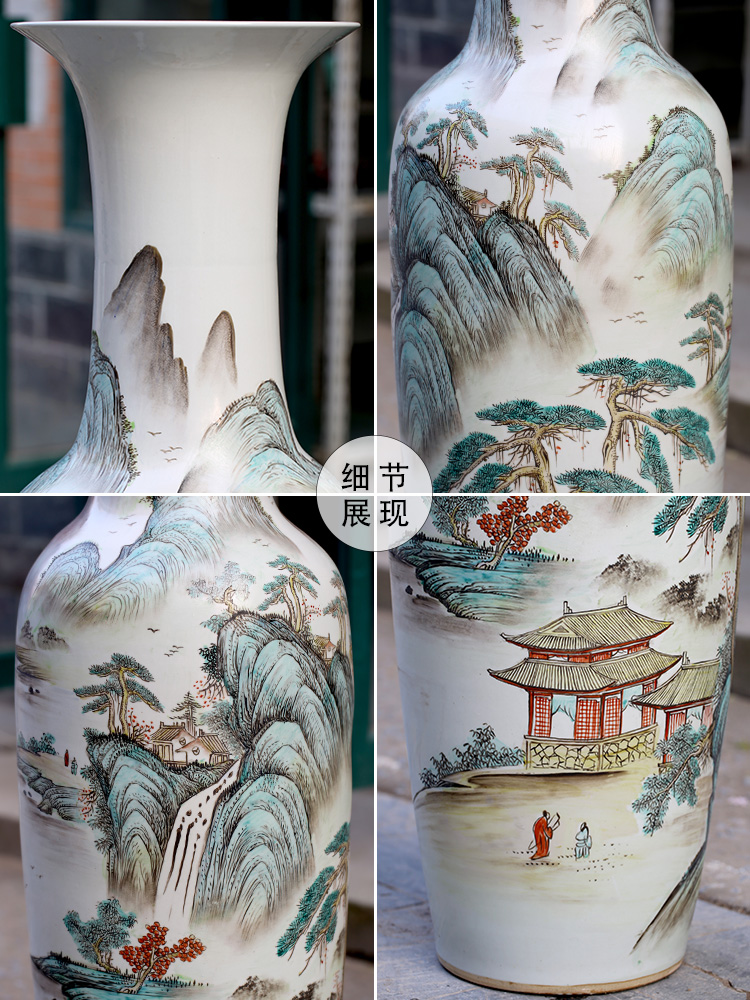 Jingdezhen ceramics powder enamel handpainted landscape ground sitting room big vase household of Chinese style decorative furnishing articles