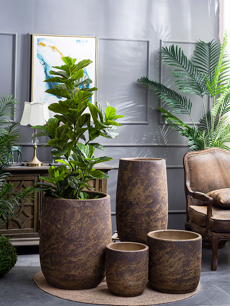 Retro coarse pottery flower vase furnishing articles sitting room interior decoration new Chinese be born ceramic green plant cylinder large flower pot
