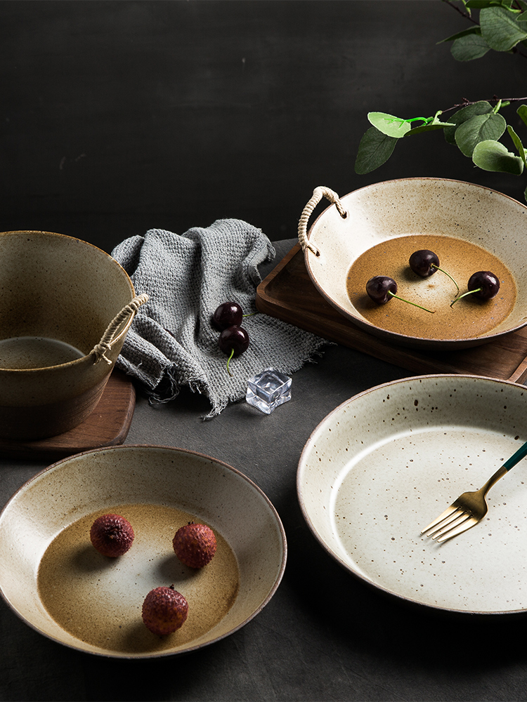 Manual Japanese - style tableware suit household retro coarse pottery dishes thickening insulating course dish move feeder can microwave oven