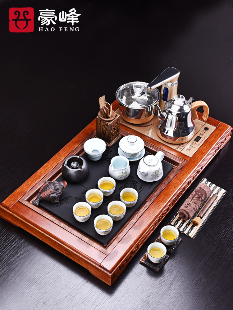 HaoFeng kung fu tea set purple ceramic tea set hua limu sharply stone tea tray of a complete set of solid wood tea home