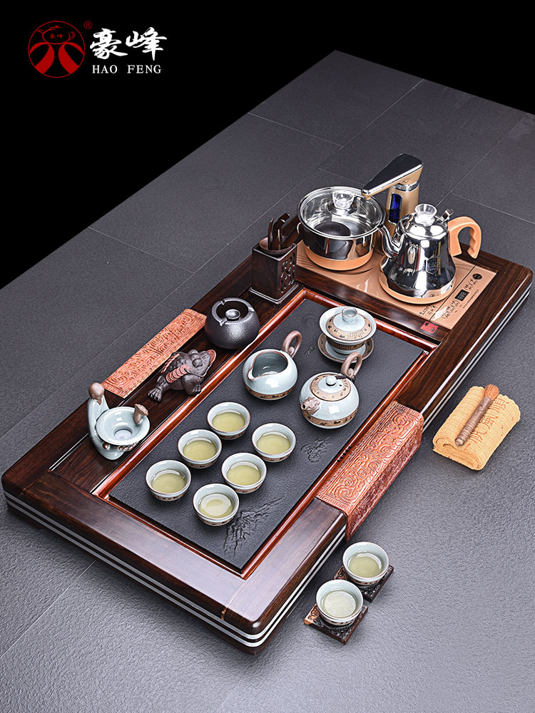 HaoFeng purple sand tea set home four unity automatically ebony tea tray was kung fu tea tea tea