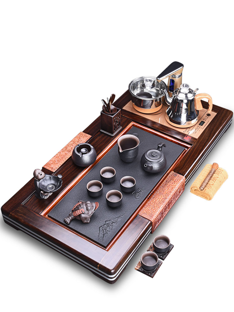 HaoFeng purple sand tea set home four unity automatically ebony tea tray was kung fu tea tea tea