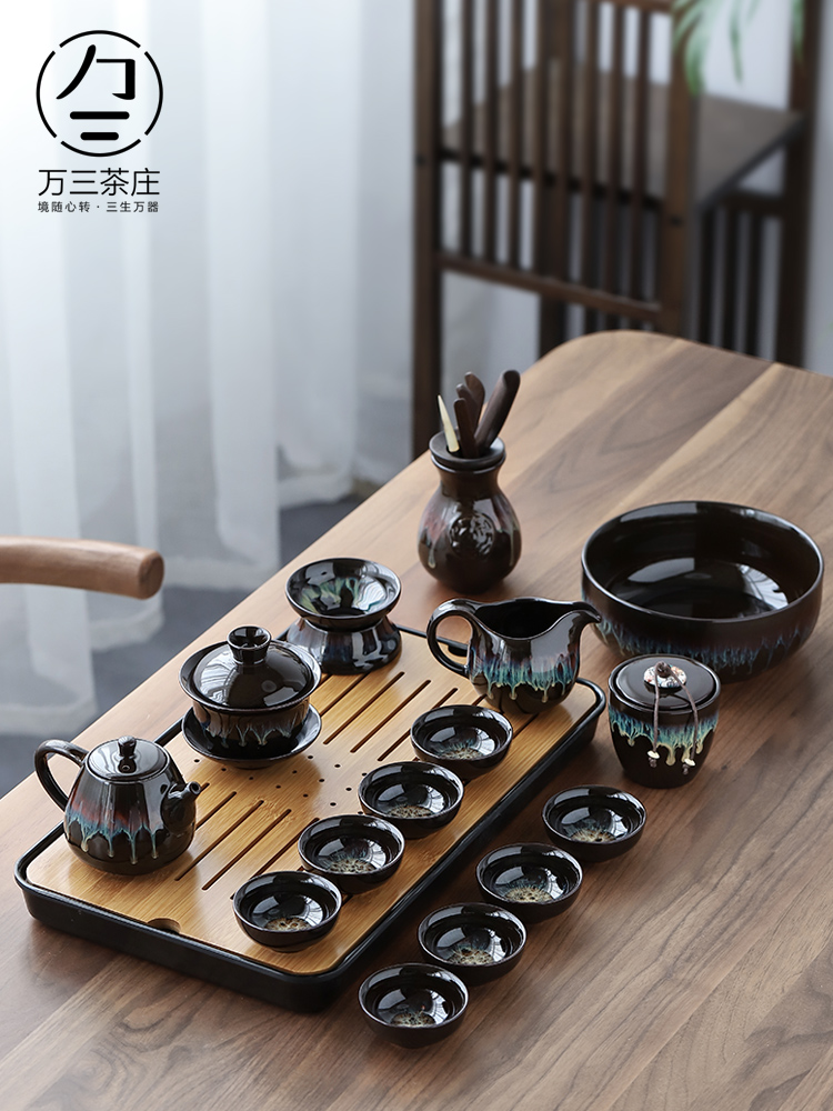 Three thousand ceramic kung fu tea tea tureen tea cup set household variable built red glaze, a complete set of the teapot