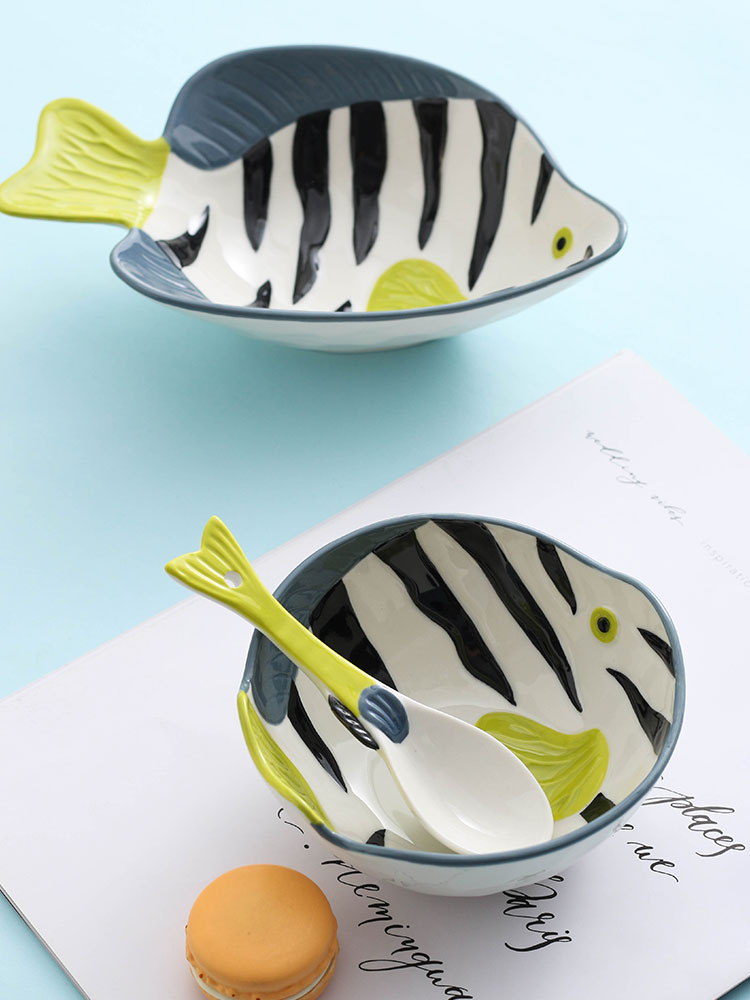 Jingdezhen ceramic bowl household new fish dish cartoon creative express one person eating a single combination