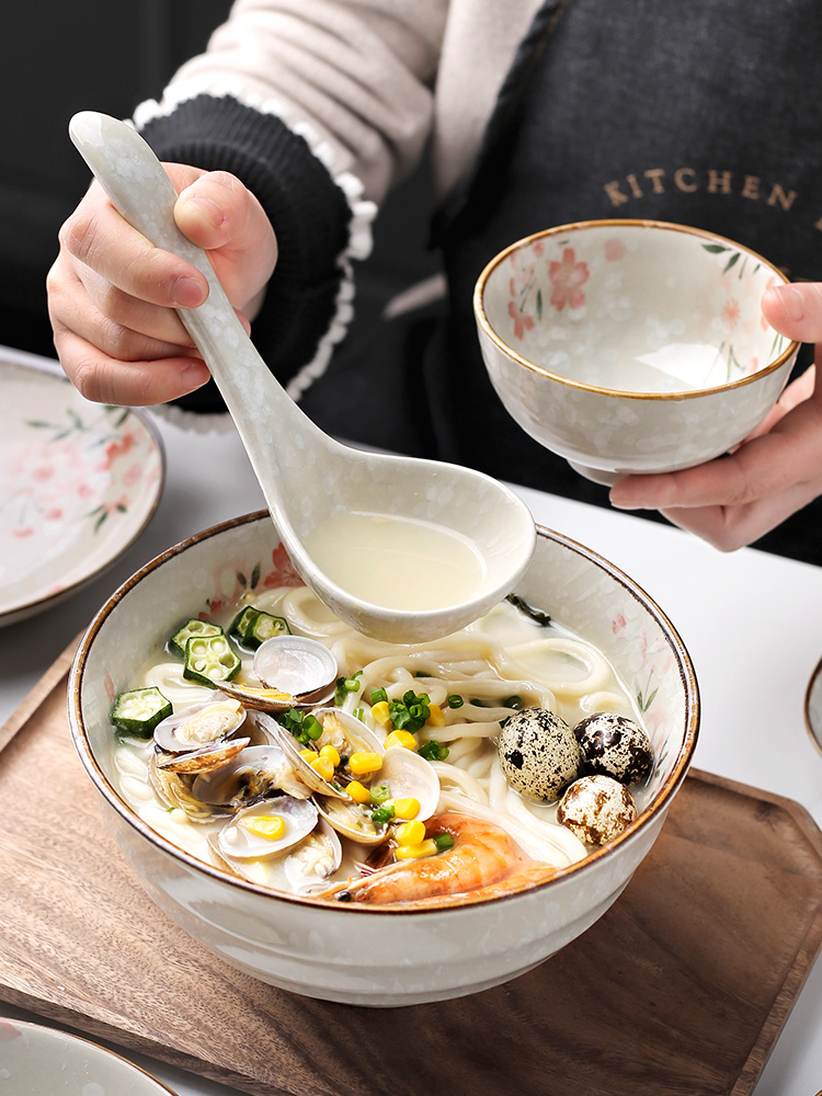 Porcelain color beauty 6 people eat Japanese cherry blossom put ceramic bowl suit household jobs 0 dishes tableware suit the soup bowl