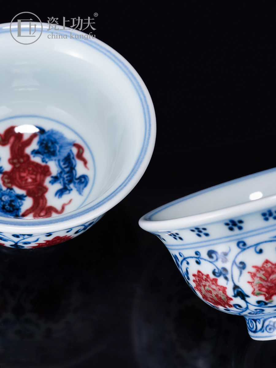 Imitation Ming yongle blue and white porcelain on kung fu hand pressure of jingdezhen youligong master cup antique hand - made of branch lotus cup
