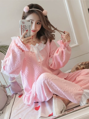 Bộ đồ ngủ cotton nữ mùa đông dày dễ thương phiên bản Hàn Quốc ngọt ngào của công chúa ngọt ngào mùa thu và mùa đông bánh sandwich kẹp bông phục vụ nhà - Nam giới