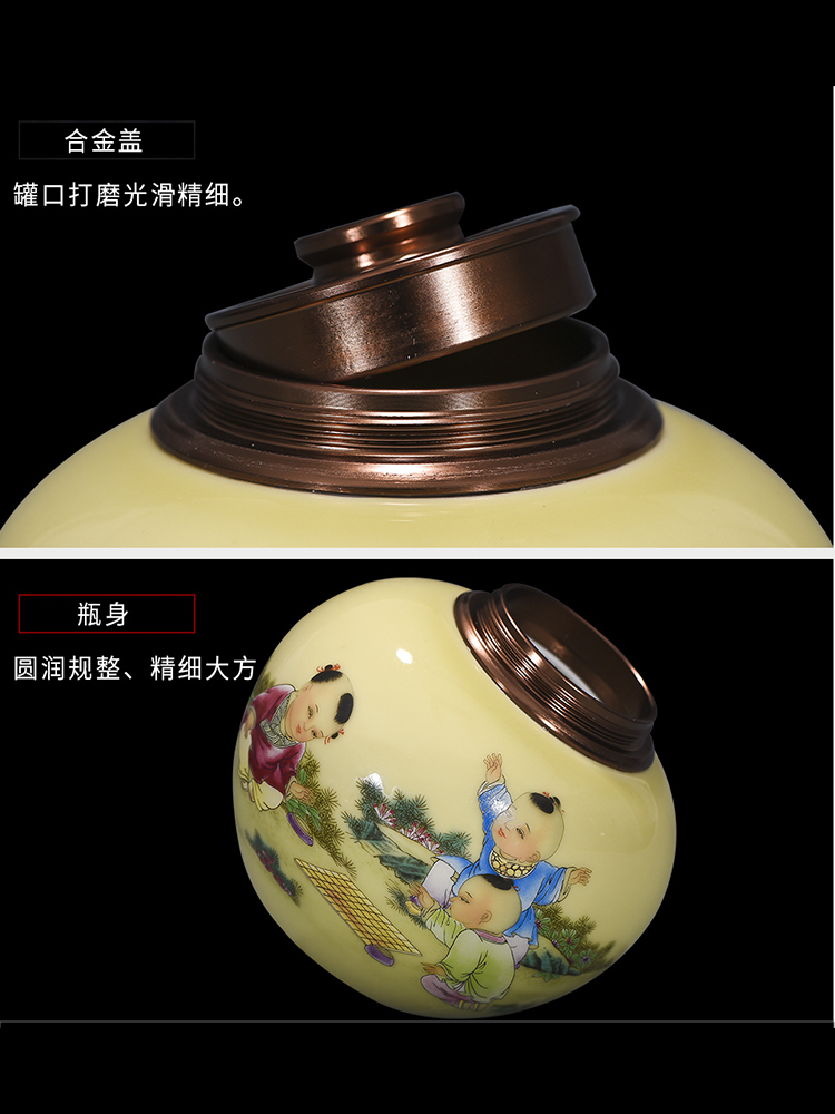 Let 's have fun on yellow background figure with cover caddy fixings alloy cover jingdezhen ceramic POTS, moisture - proof seal storage tank tea