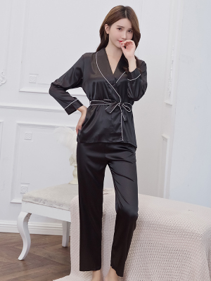 Bộ đồ ngủ của phụ nữ tay dài mùa xuân và mùa thu băng lụa kimono phù hợp với phụ nữ mỏng mùa xuân và mùa hè lụa nhà dịch vụ cà vạt phù hợp với hai mảnh - Bộ Pajama thời trang trung niên u50 Bộ Pajama