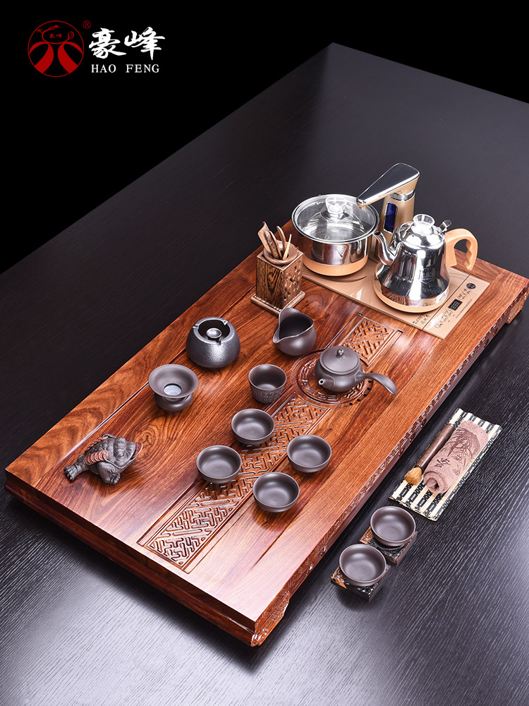 HaoFeng kung fu tea set purple ceramic tea set the whole of a complete set of hua limu tea tray was solid wood tea tray was home