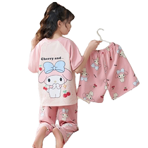 Three-piece set of girls pajamas 2024 new summer cotton thin short-sleeved trousers for children girls and older children home clothes