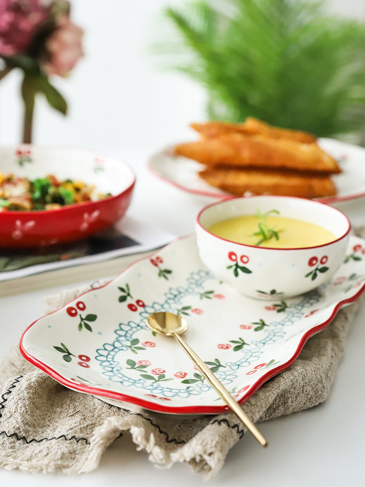Selley cherry than ceramic tableware suit long tableware chopsticks soup bowl bowl meal plate plate rainbow such use