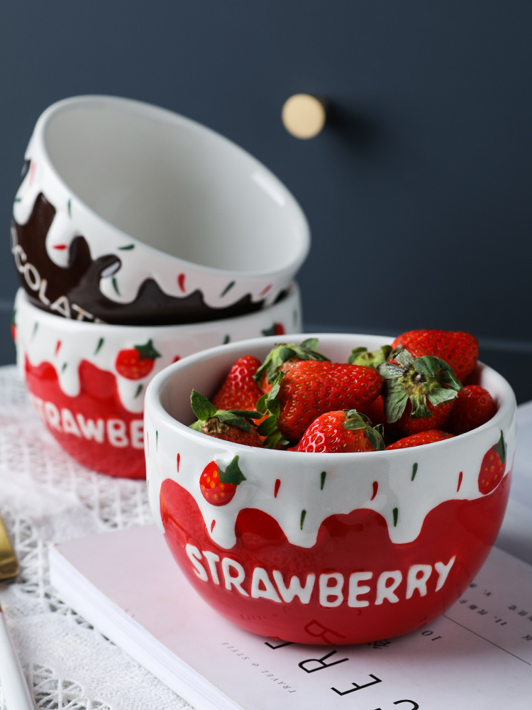 Selley, lovely ceramic strawberry household fruit salad bowl of oatmeal for breakfast bowl noodles bowl bowl eat a single
