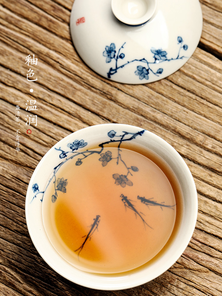 Jingdezhen blue and white tureen tea cups large pure manual plant ash not hot bowl hand - made name plum tea