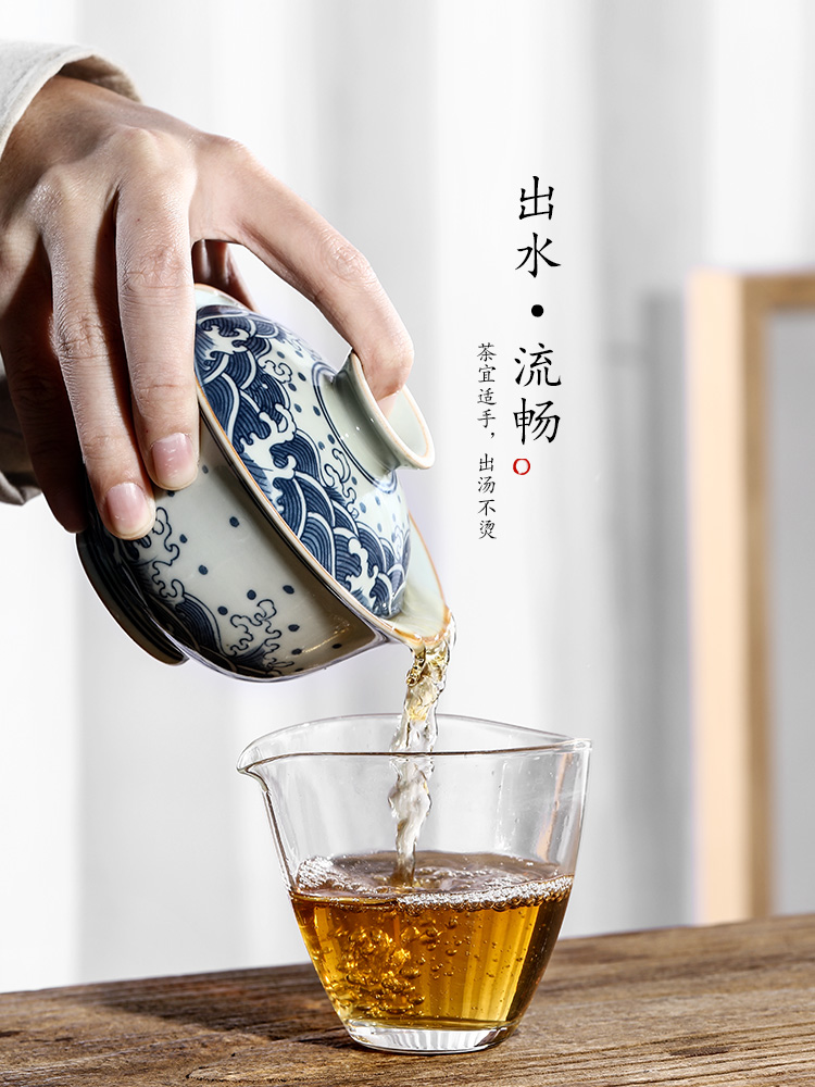 Jingdezhen blue and white only three tureen tea cups large hot kunfu tea tea bowl of checking ceramic tea set