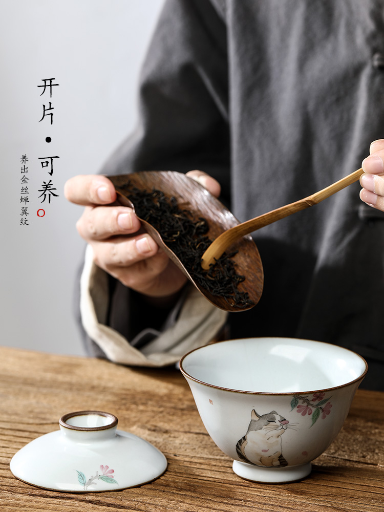 Your up hand - made tureen tea tea bowl jingdezhen upset against the hot piece of ceramic tea set pure manual open cat tea