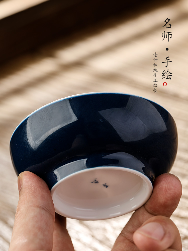 Jingdezhen porcelain masters cup single cup men 's pu' er cup hand - drawn characters color glaze sample tea cup only kung fu tea cups