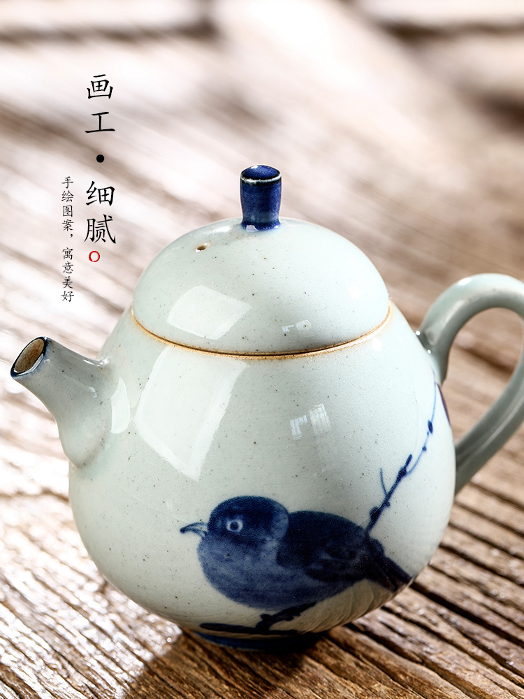 Pure manual jingdezhen blue and white teapot Chinese kungfu tea teapot hand - made riches and honour bird ceramic tea pot single pot