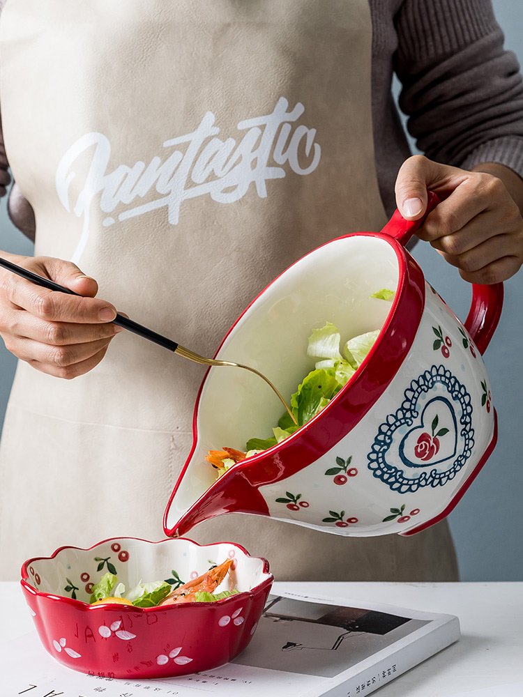 Web celebrity ceramic bowl bowl household egg salad bowl bowl kitchen batter bowl bowl with the handle large capacity