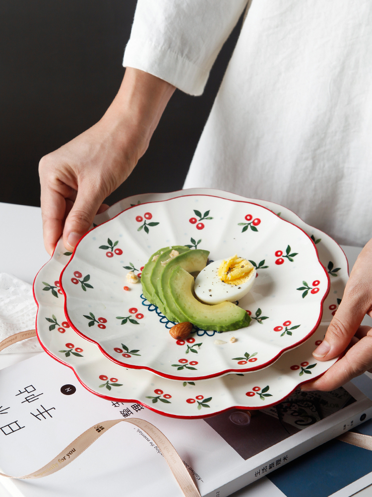 Hand - made cherry 0 creative pastoral wind under the glaze the ceramic plate with lace color round lovely breakfast tray plates