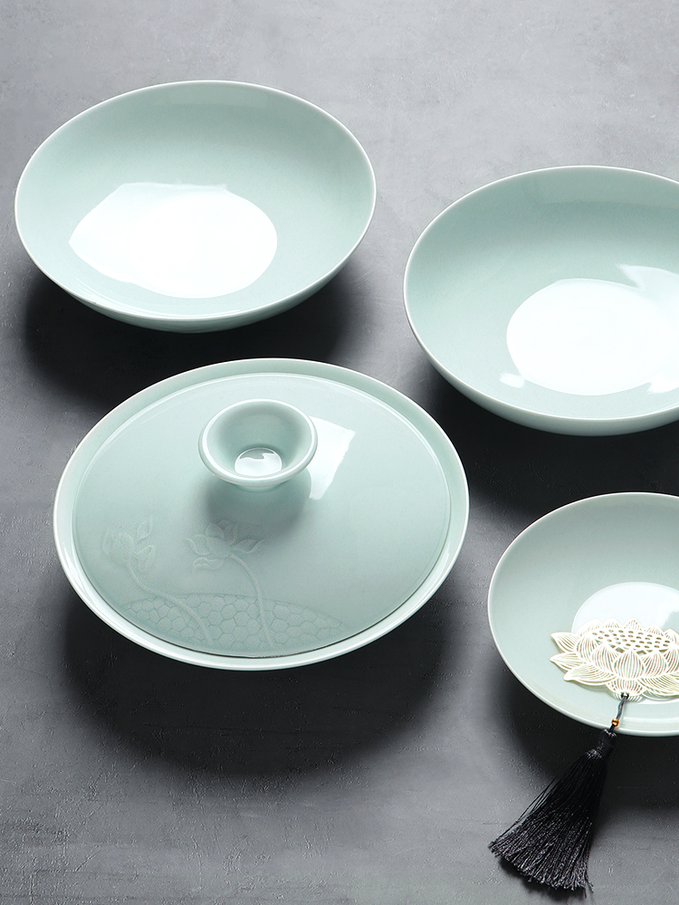 Jingdezhen shadow celadon deep dish household food dish ceramic plate Chinese bowl dish BingDi spoon, lotus open