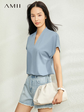 Amii设计感拼接短袖T恤女2020夏季新款ins潮白色心机V领百搭上衣