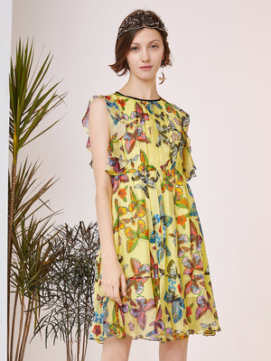 Cocoon Mall với đoạn 2019 hè mới của phụ nữ mới tay áo cánh sen in hoa cánh bướm - Váy eo cao váy xoắn bụng Váy eo cao