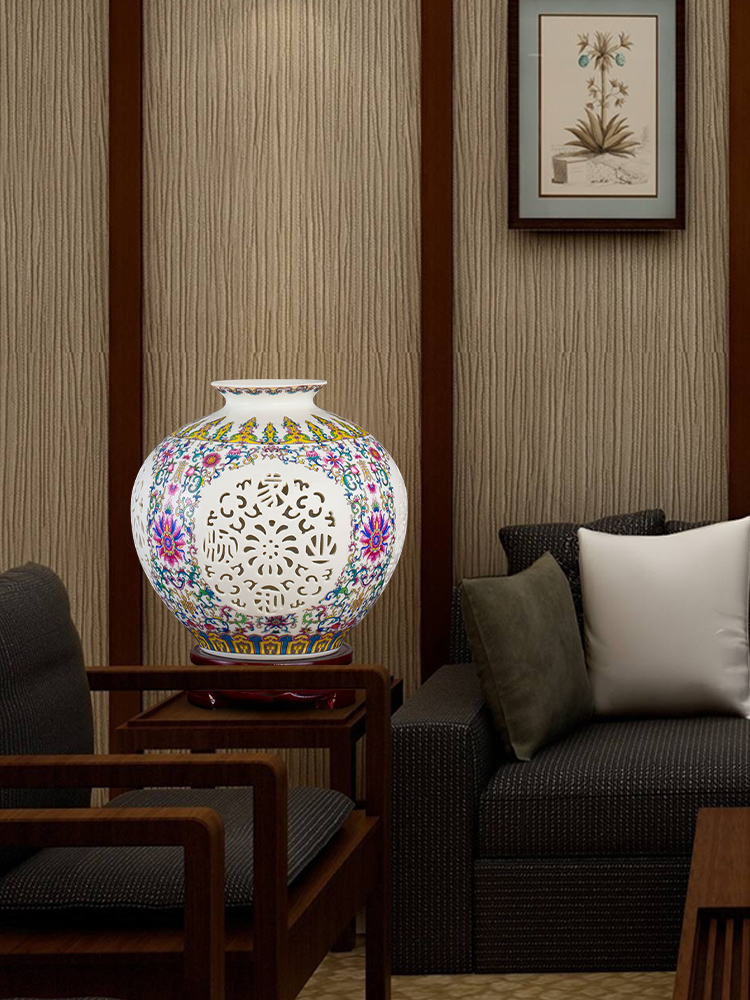 Jingdezhen ceramic vase furnishing articles sitting room flower arranging pastel hollow - out porcelain of modern Chinese style household wine accessories