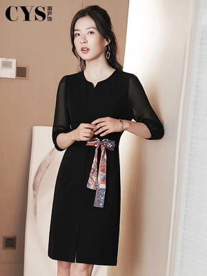 Mùa thu 2019 mới phối váy lưới màu đen nữ tính khí tay áo bảy điểm Slim túi dài ngang hông - Sản phẩm HOT