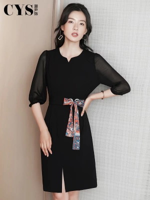 Mùa thu 2019 mới phối váy lưới màu đen nữ tính khí tay áo bảy điểm Slim túi dài ngang hông - Sản phẩm HOT
