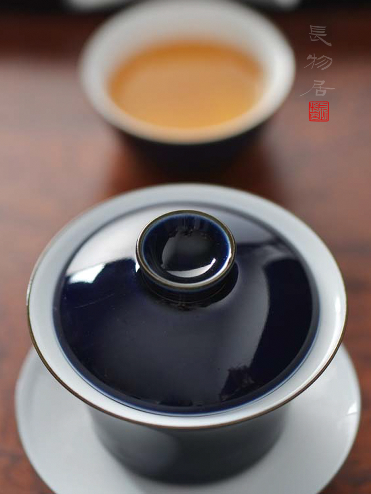 Only offered home - cooked blue yan glaze in the three tureen lid cup cup jingdezhen ceramic tea bowl of tea by hand