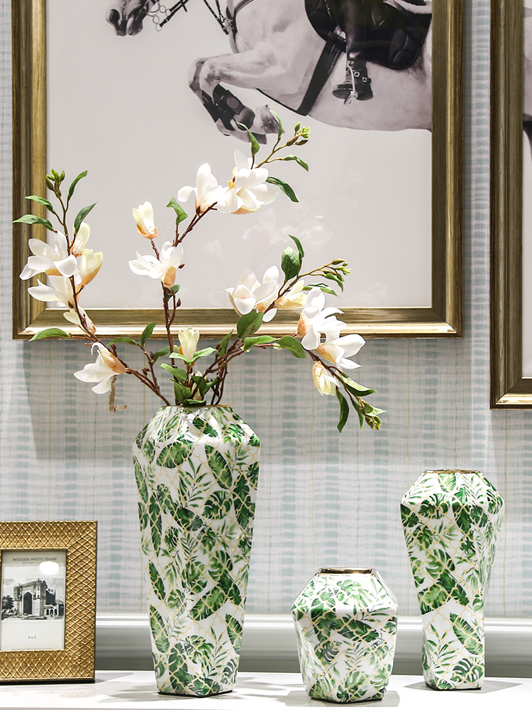 New Chinese style style decoration snakeskin grey marble green leaves an irregular art ceramic vase decoration