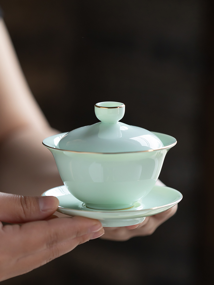 Thin foetus trumpet three tureen individual worship only make tea cup suet jade ceramic tea set with cover cover cup is not hot