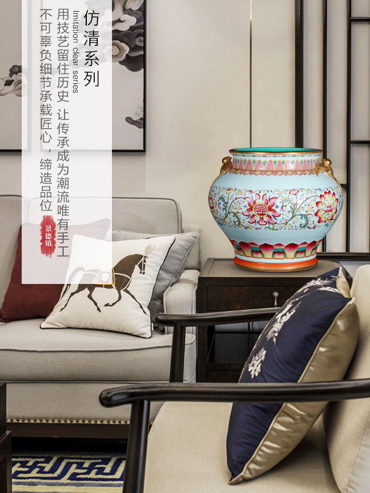 Jingdezhen ceramics imitation the qing qianlong, green flower basket with pastel ear cylinder tank Chinese style living room collection furnishing articles