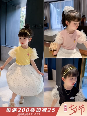 Cô gái Puff Sleeve Ngắn tay 2020 Mùa hè Mới Trung bình và Lớn Áo phông thời trang cho trẻ em Phong cách phương Tây Áo phông thêu ren - Áo thun