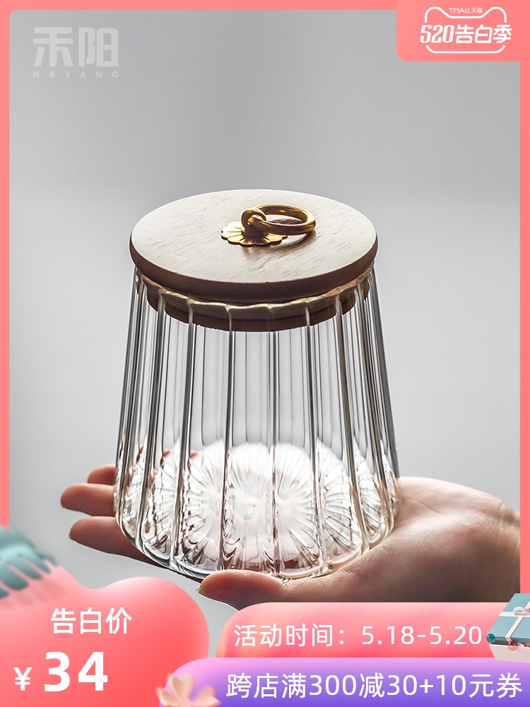 Send Yang petals glass tea pot puer tea tins bamboo caddy fixings cover household small portable sealed storage tank
