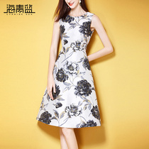 Haiqinglan 2022 spring new womens fashion printing temperament A-line skirt sleeveless round neck slim slim dress