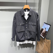Black and white striped tooling long sleeve shirt men's spring Korean version of slim fit handsome design super fairy coat shirt
