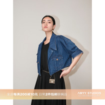 Amyy Studios Classic series 1OO% long suede cotton retro small capsize Jeans Short Coat Long Short Sleeves