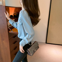 2021 autumn new womens small shirt jacket long sleeve spring and autumn blue chiffon shirt fashion Korean loose shirt summer