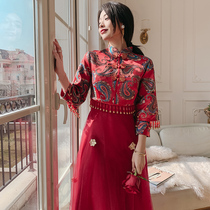 Chinese toast service cheongsam bride 2021 new autumn and winter red wedding dress female arm temperament long sleeve