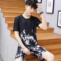Summer short-sleeved shorts pajamas mens ice silk youth students loose casual sports loungewear suit can be worn outside